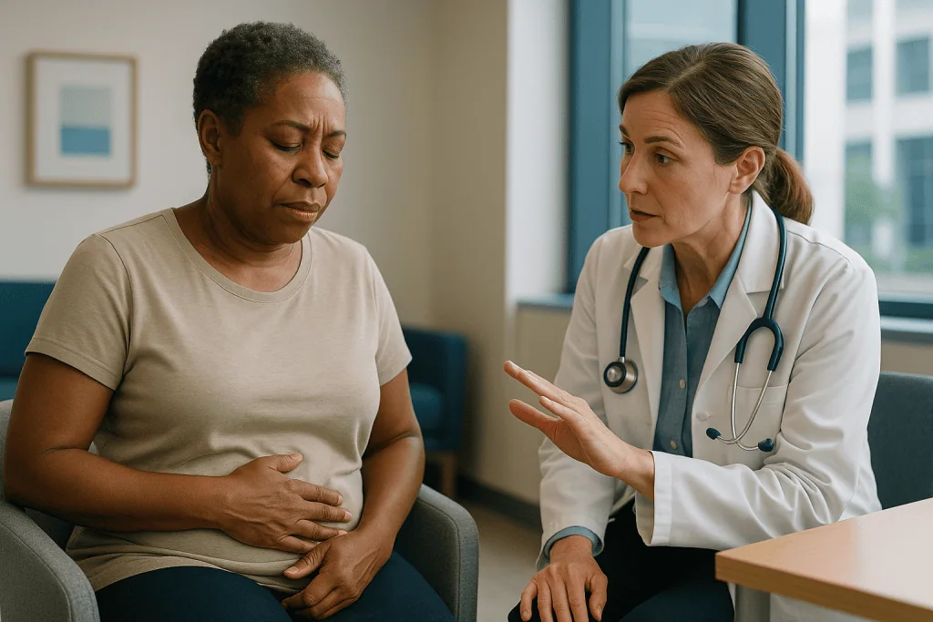 Doctor consulting patient about abdominal pain or symptoms — How semaglutide works, and why the gut feels it first
