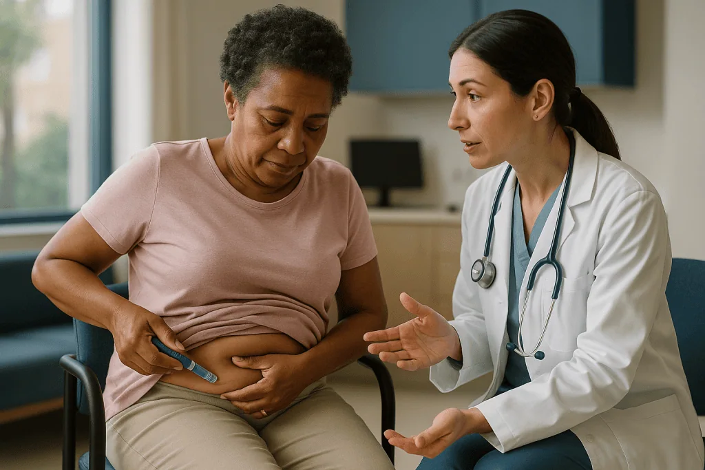 Doctor consulting patient about abdominal health concern: How semaglutide works in the body