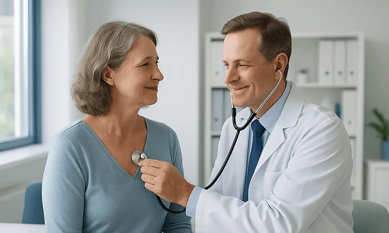 Cardiologist examining an elderly woman with a stethoscope in a medical office.