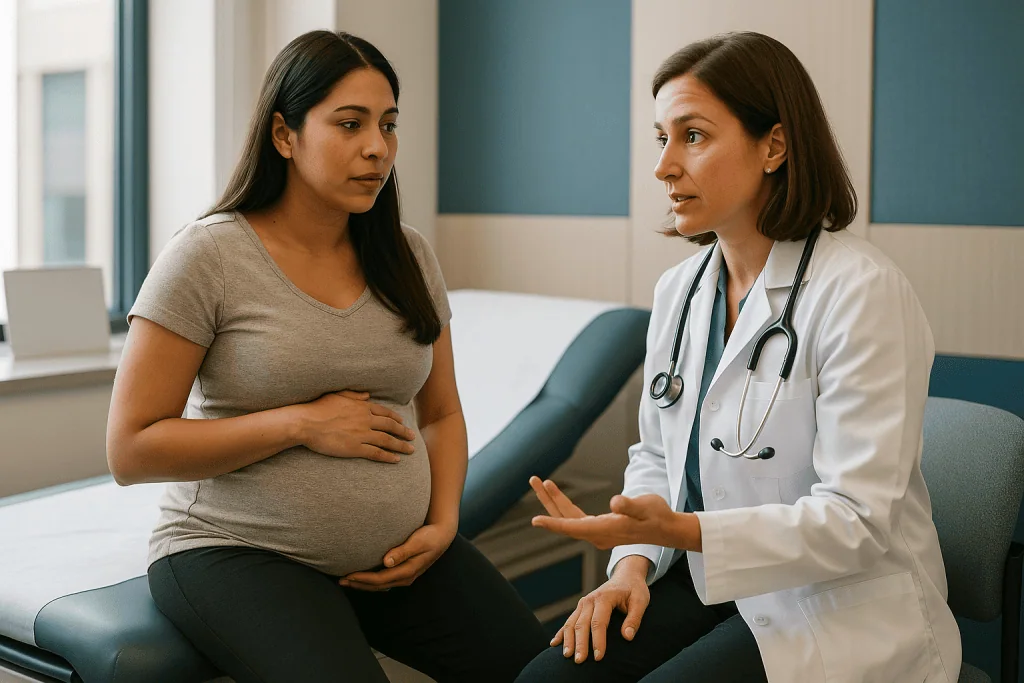 Pregnant woman consulting with female doctor in clinic — How serious is hydronephrosis in pregnancy?