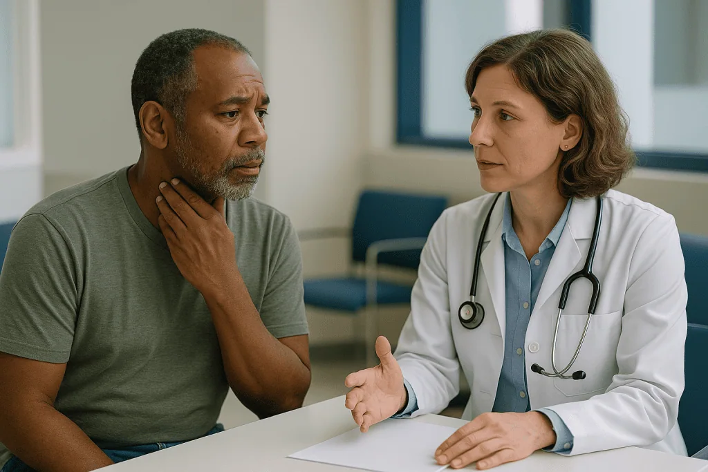 Doctor consulting with male patient in clinic setting: How serious is neck cancer? An honest, guideline-level answer