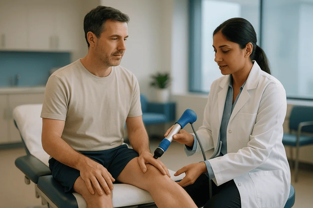 Doctor examining patient's knee with handheld ultrasound device: How shockwave therapy works, in plain language