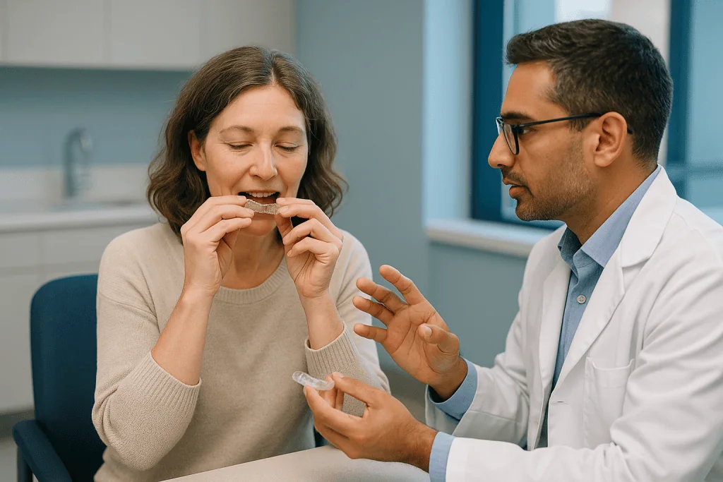 Dentist showing clear aligner or dental device to patient: How should a night guard fit? The signs of a correct seat