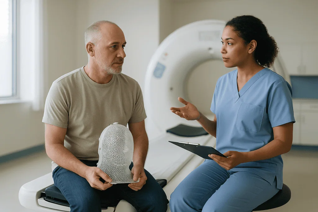 Healthcare provider consulting patient in medical facility: How should you prepare for a radiotherapy planning scan?