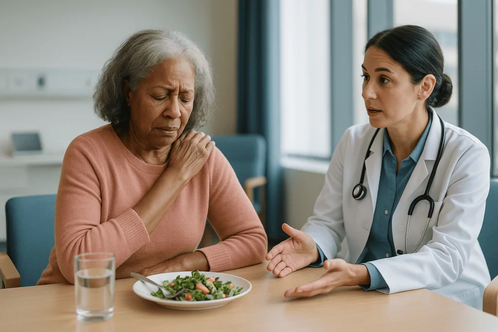 Doctor consulting with elderly patient about diet and nutrition: How shoulder arthritis wears the joint, and why it hurts th