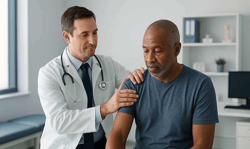 Doctor examining patient's shoulder for impingement symptoms.