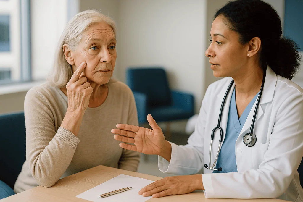 Doctor consulting with senior patient in office: How skin and tissue change after 60, and why healing is slower