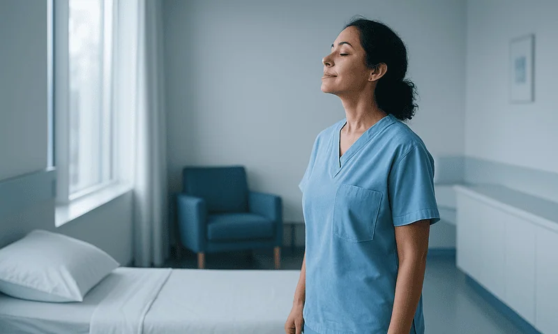 Nurse in a hospital room with a bed and window, calm and confident.