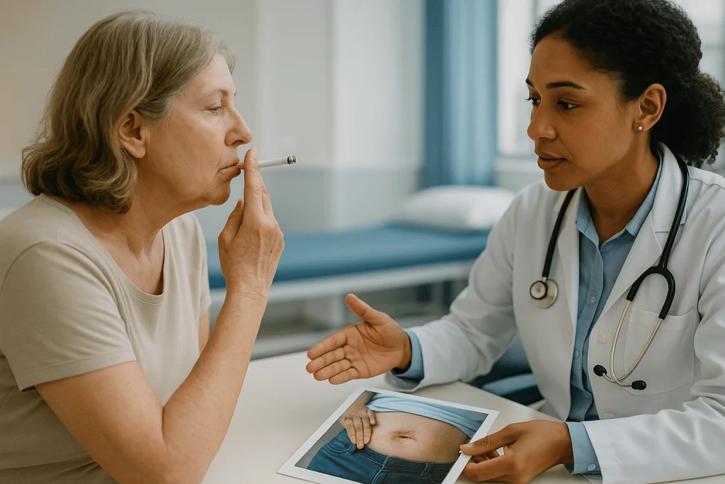 Doctor consulting patient about abdominal imaging results: How smoking works against a healing wound, step by step
