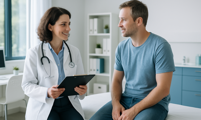 Doctor consulting patient in a medical office setting.