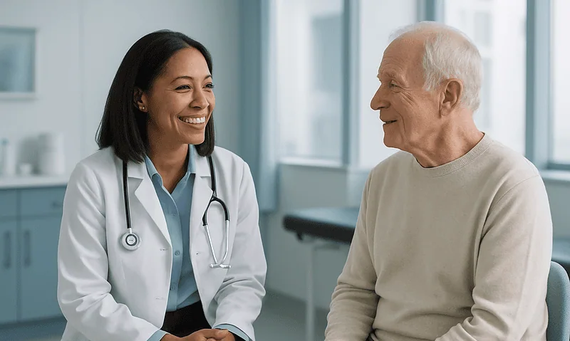 Doctor consulting with elderly male patient in a hospital setting.