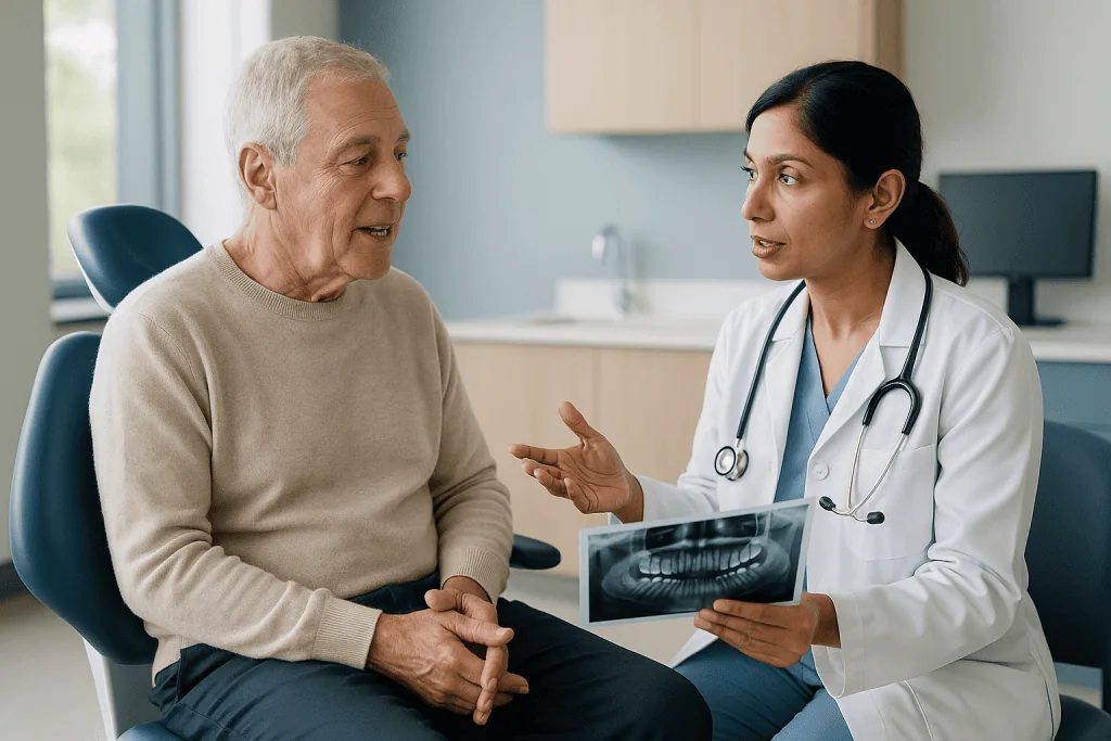 Doctor consulting senior patient with dental X-ray image: How soon before surgery can you have your teeth cleaned?