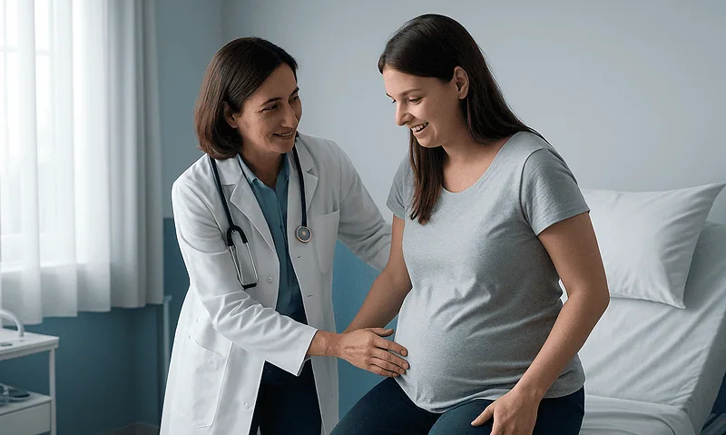 Doctor examining pregnant woman in hospital room for epidural delivery.