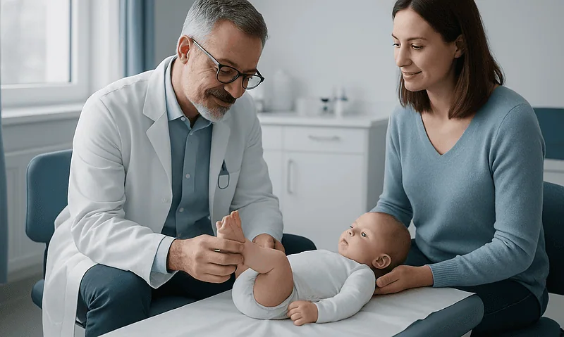 Pediatric doctor examining baby's foot in clinic for clubfoot treatment.
