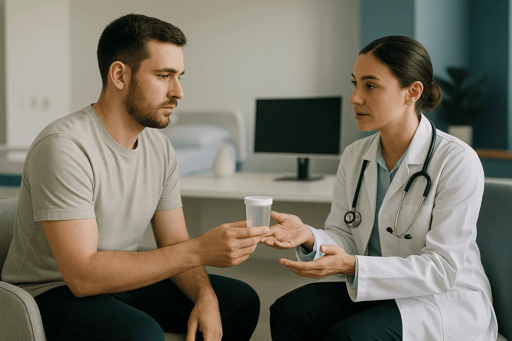 Doctor handing medication container to male patient: How sperm banking actually works, step by step