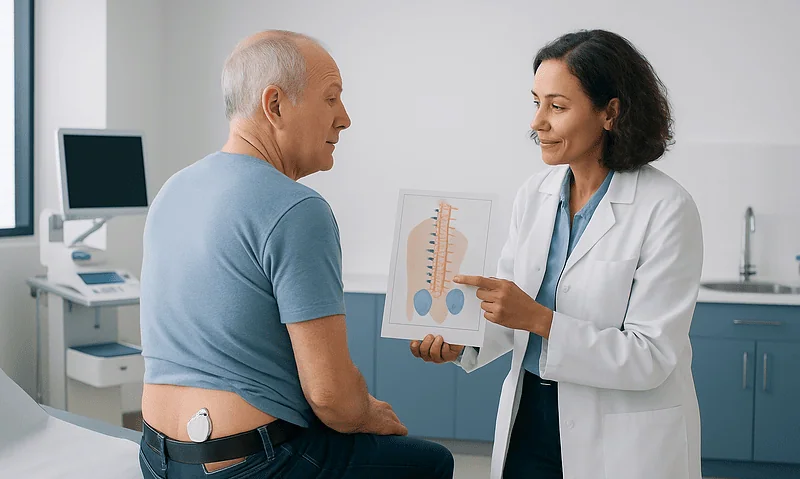 Doctor explaining spinal cord stimulation to patient in clinic.