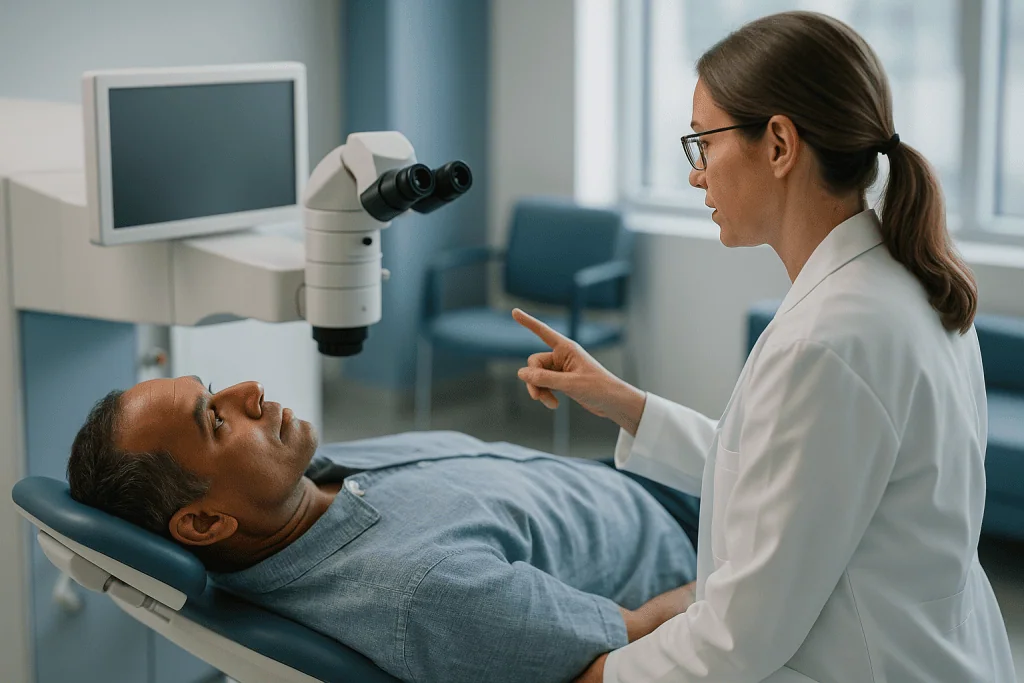 Eye examination with specialized microscope equipment: How standard LASIK works, step by step