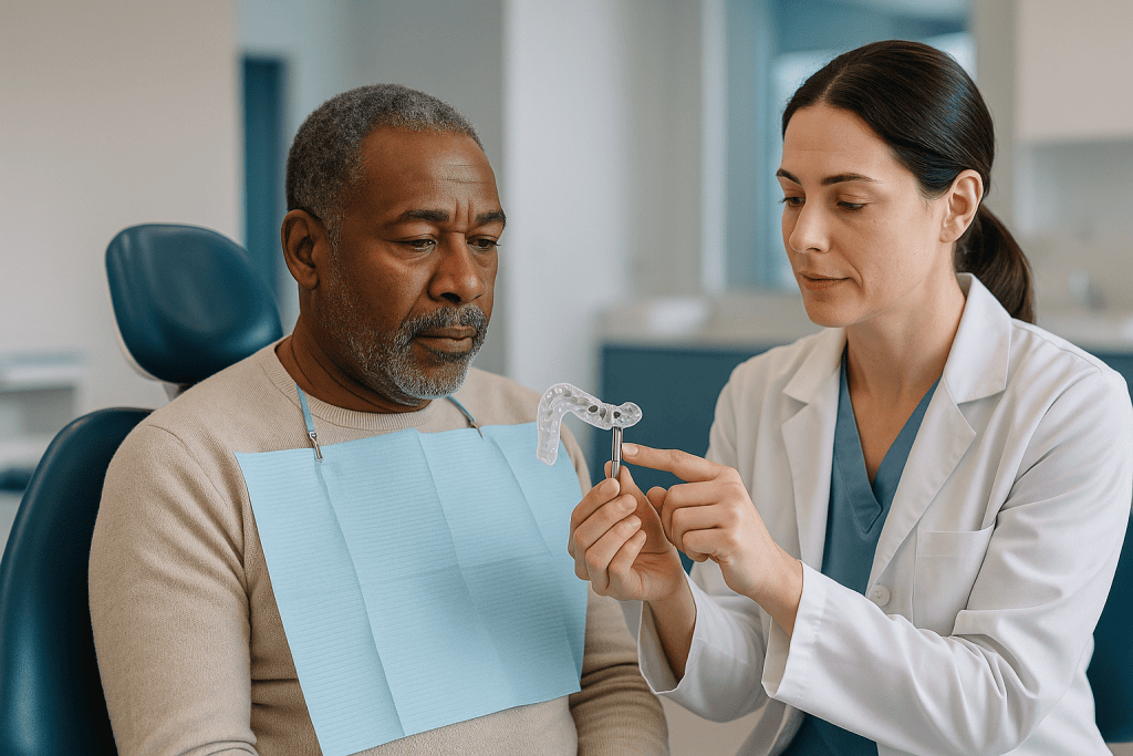 Dentist showing orthodontic model to male patient: How static surgical guide implants work, step by step