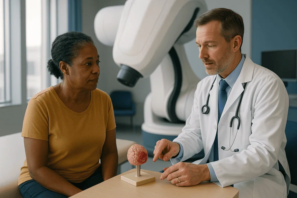 Doctor consulting patient with brain model: How stereotactic radiosurgery actually works inside a tumor