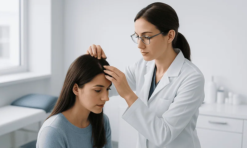 Doctor examining a patient's scalp for keloid risk assessment.