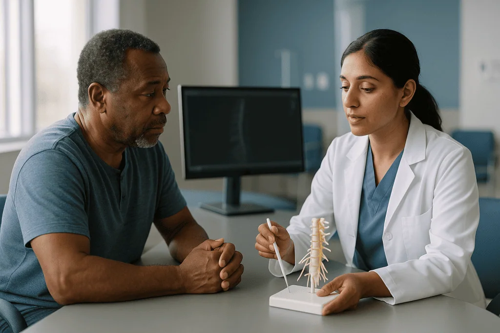 Doctor and patient in consultation with spine model: How surgeons choose which rootlets to cut