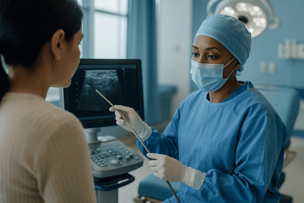 Ultrasound examination, sonographer with patient in clinical setting: How surgeons reduce the risk: technique, tools and rea