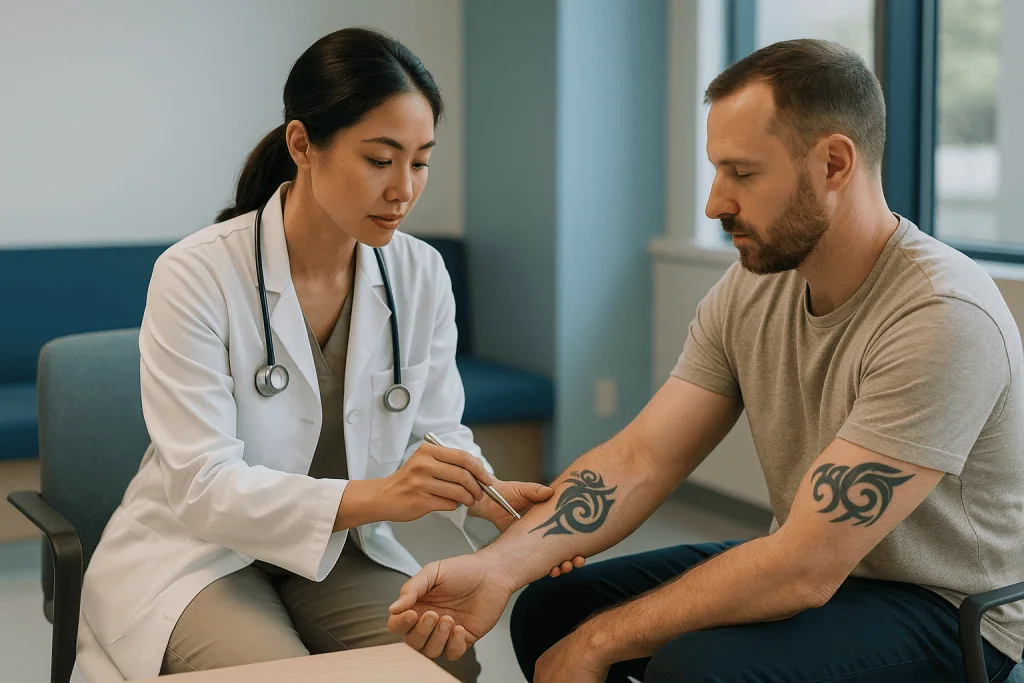 Doctor examining patient's arm tattoo during consultation: How surgical tattoo removal actually works, step by step