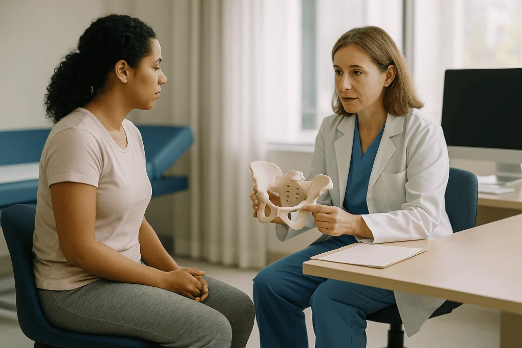 Doctor consulting patient using pelvic bone model: How surgical vaginal rejuvenation works: labiaplasty vs vaginoplasty