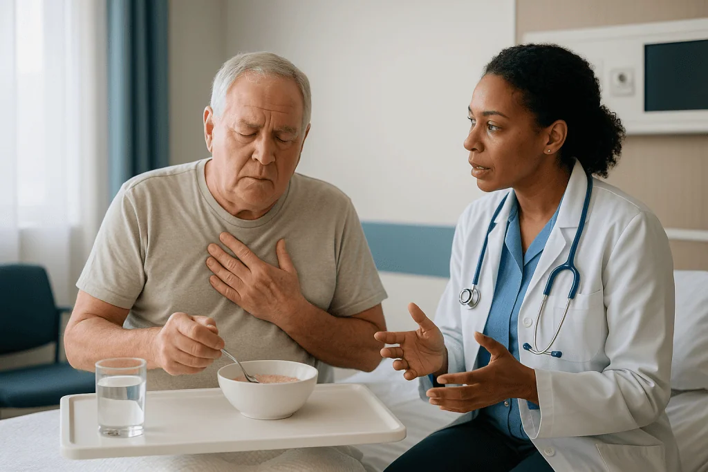 Doctor consulting elderly patient about diet and health: How symptoms change the plan, whatever the size