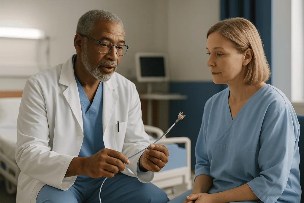 Doctor and nurse in consultation conversation: How TAVI is performed: the whole journey in plain language