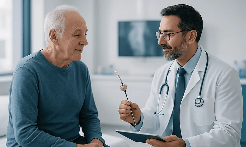 Doctor explaining TAVI procedure to elderly patient in consultation room.
