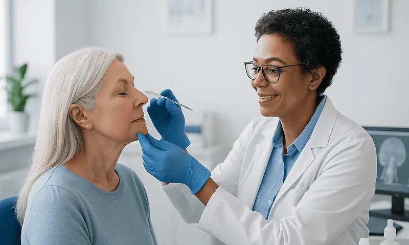 Ophthalmologist performing tear duct examination on elderly woman in clinic.