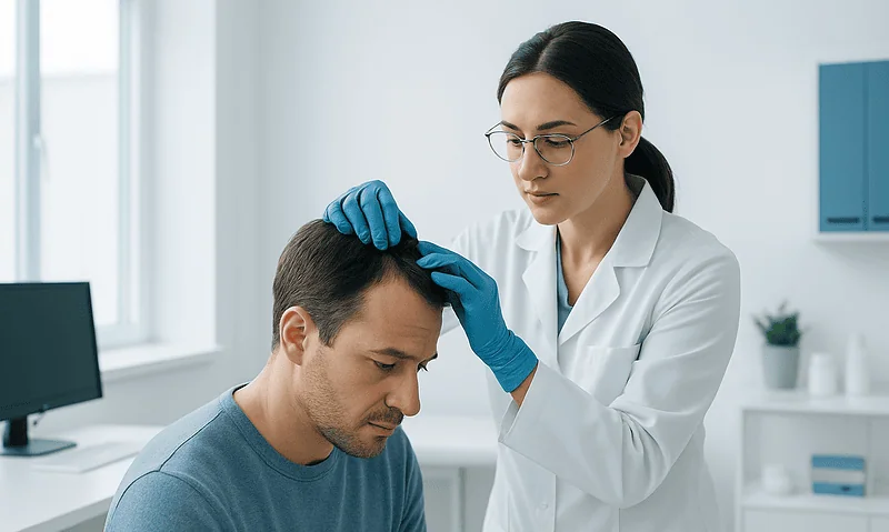 Doctor examining male patient's scalp in a medical clinic setting.