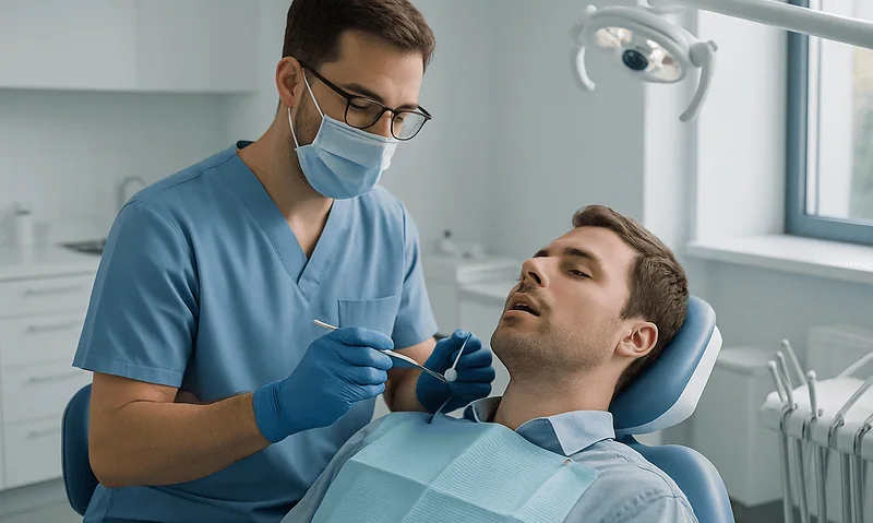 How Teeth Veneers Are Placed: Smile Planning, Enamel Preparation, Temporaries and Bonding 9 Dentist performing dental examination on patient in clinic.