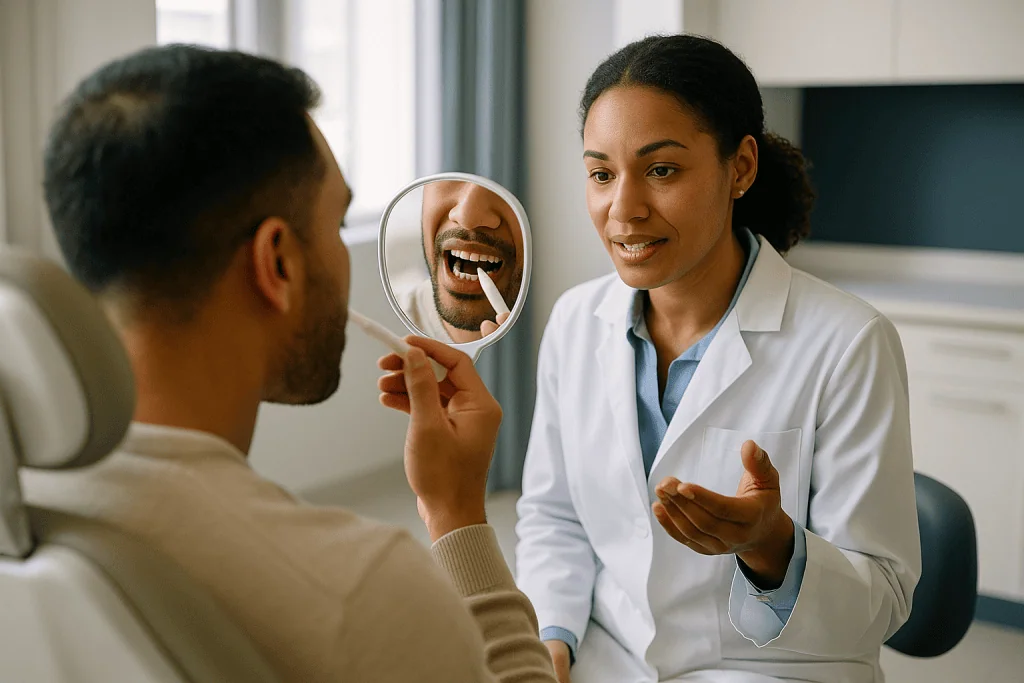 Female dentist showing patient tooth examination in mirror: How teeth whitening actually works