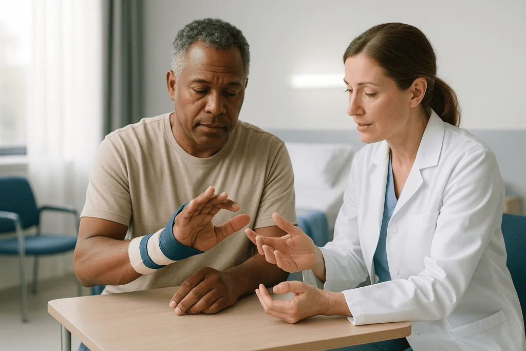 Doctor examining patient's bandaged wrist and hand: How tendon gliding exercises after surgery begin, and why movement helps