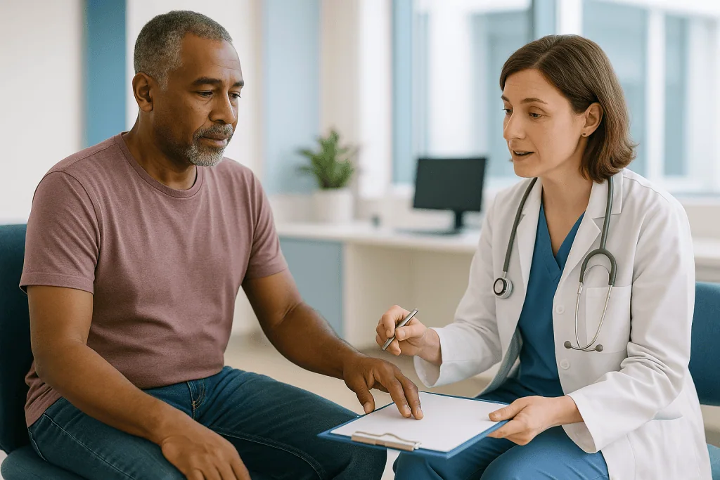 Doctor consulting with male patient about test results: How testosterone replacement monitoring works across the first year