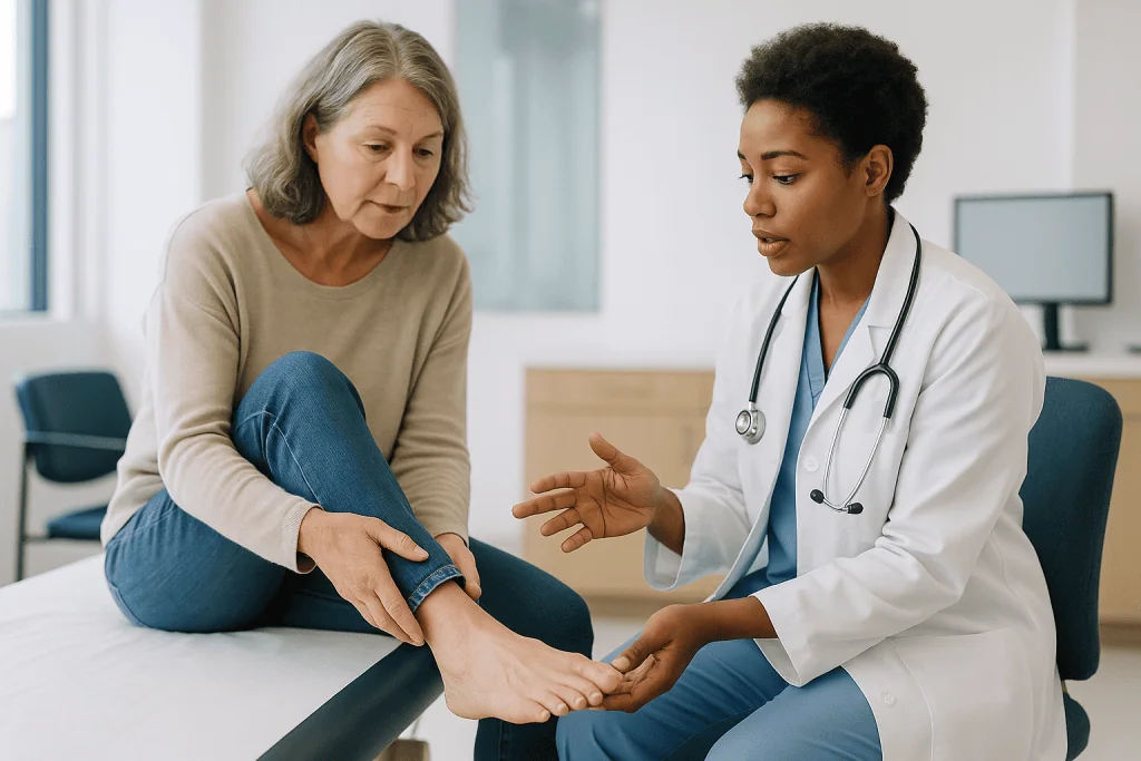 Doctor examining patient's foot and ankle: How the big toe joint works, and what goes wrong in each condition