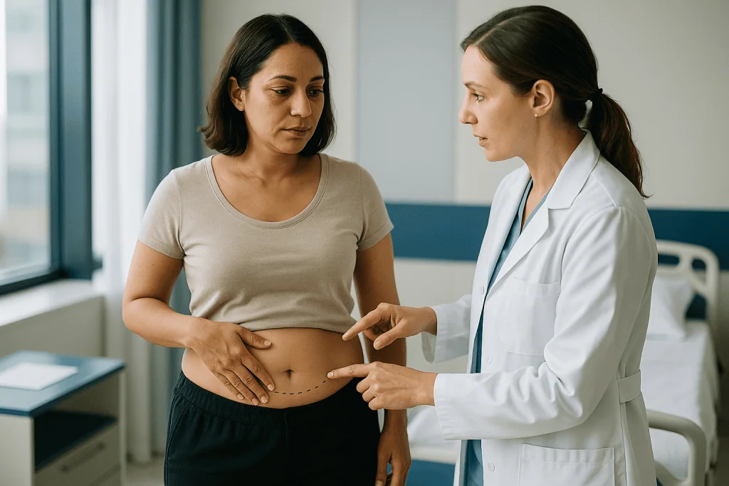 Doctor examining patient's abdomen with surgical marking: How the Brazilian tummy tuck procedure works, step by step