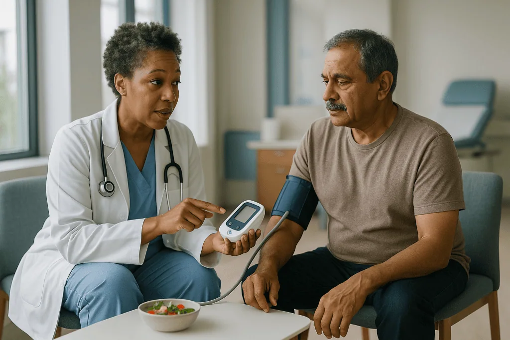 Doctor consulting with male patient about blood pressure monitoring: How the care team slows kidney disease: blood pressure,