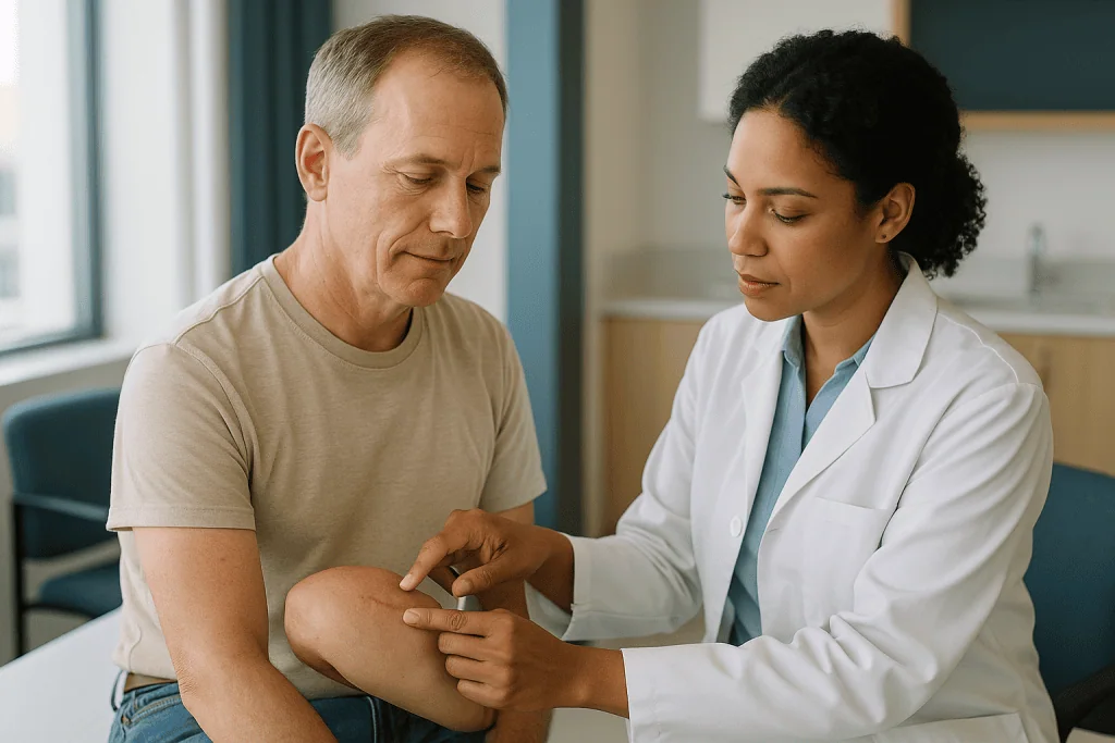Doctor examining patient's knee or leg: How the closure method shapes the scar you eventually see