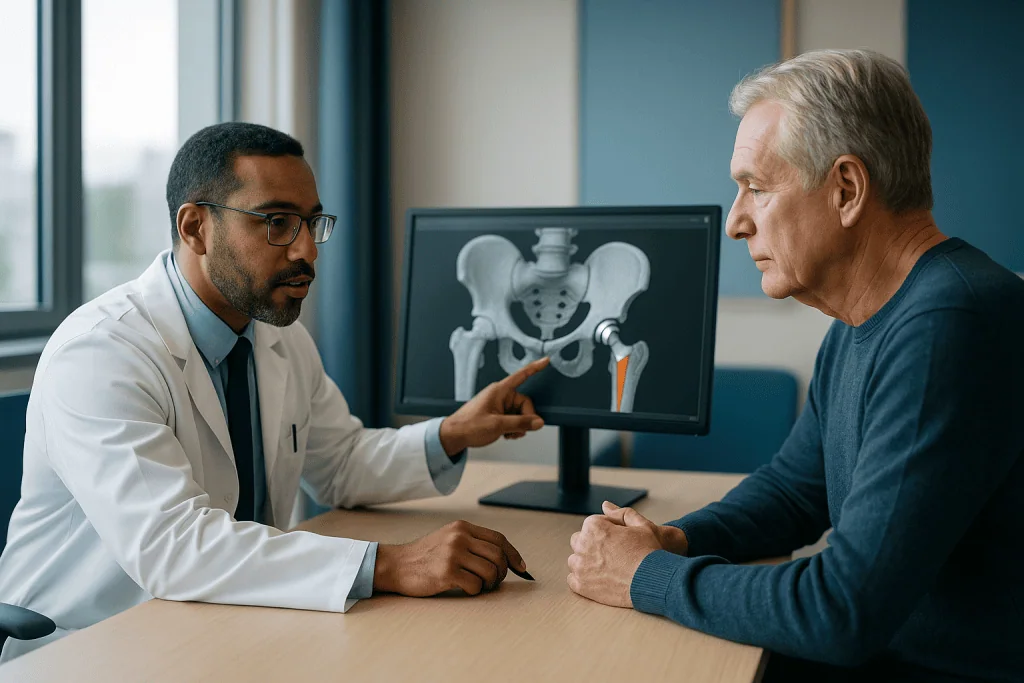 Doctor explaining hip X-ray to male patient: How the CT becomes a 3D model: the engineering behind the plan
