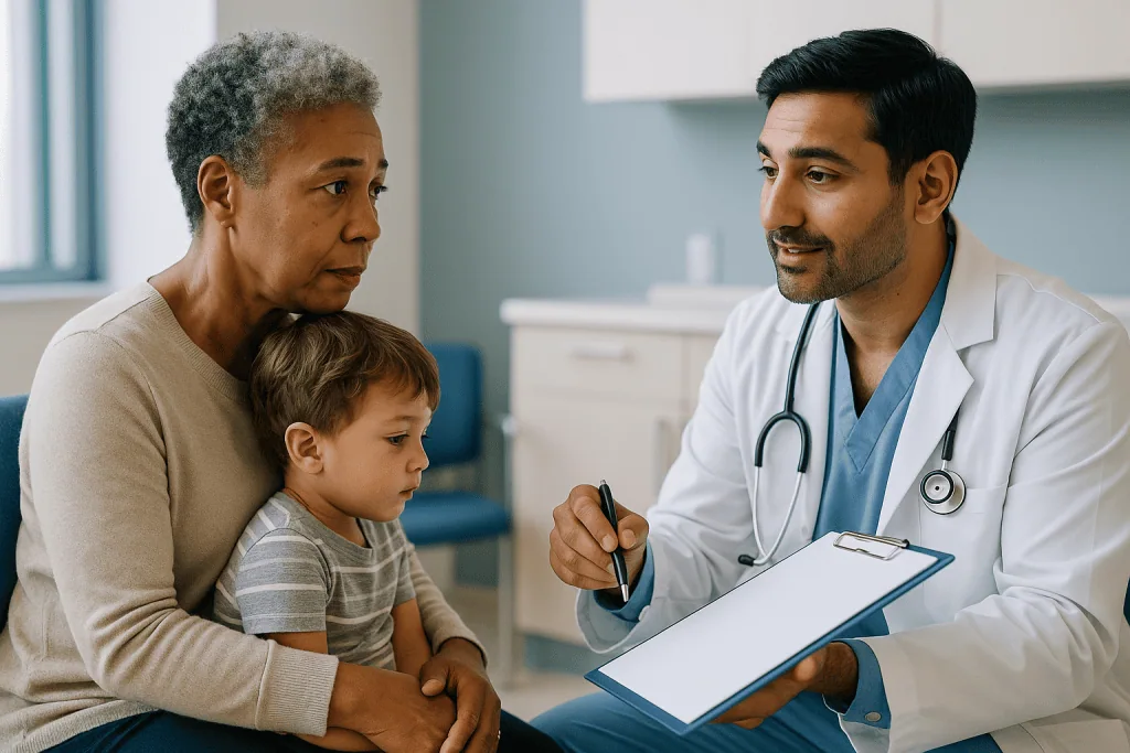 Doctor consulting with grandmother and young child patient: How the decision actually gets made, from diagnosis to plan