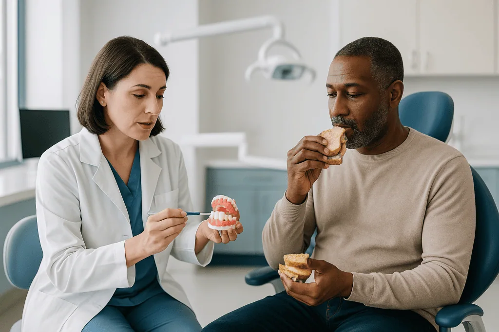 Dentist showing dental model to patient eating sandwich: How the e max crown procedure works, from first visit to final bite
