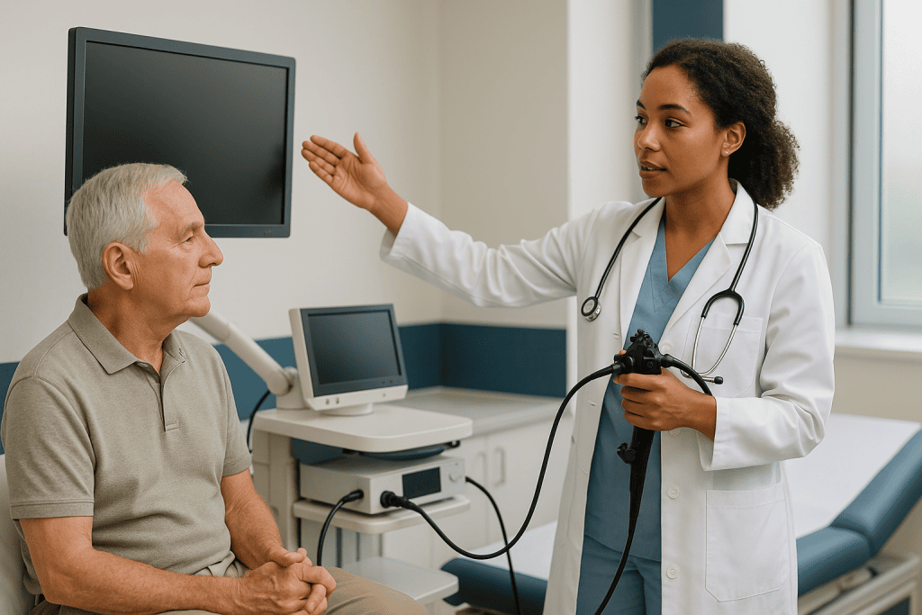 Doctor consulting with elderly male patient in clinic: How the endoscopic tumor removal is performed, step by step