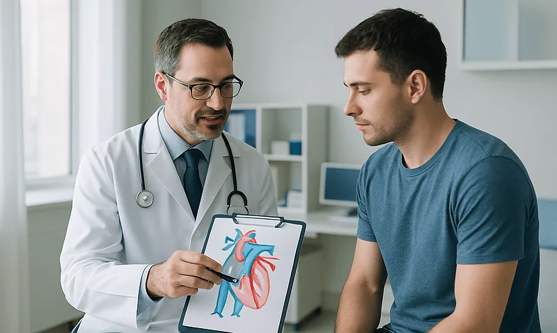 Doctor explaining heart diagram to patient in a medical consultation.