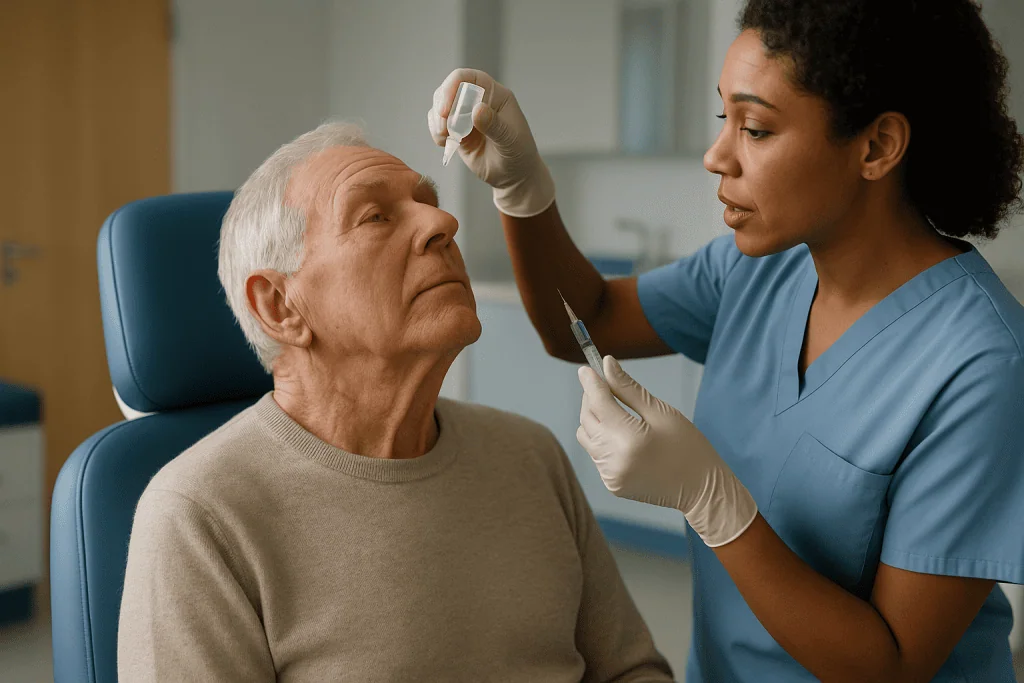 Healthcare worker administering nasal spray or medication to elderly patient — How the eye is numbed: drops, gel and injectio