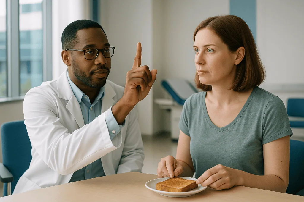 Doctor discussing bread with patient at table: How the eyes normally stay aligned, and what goes wrong