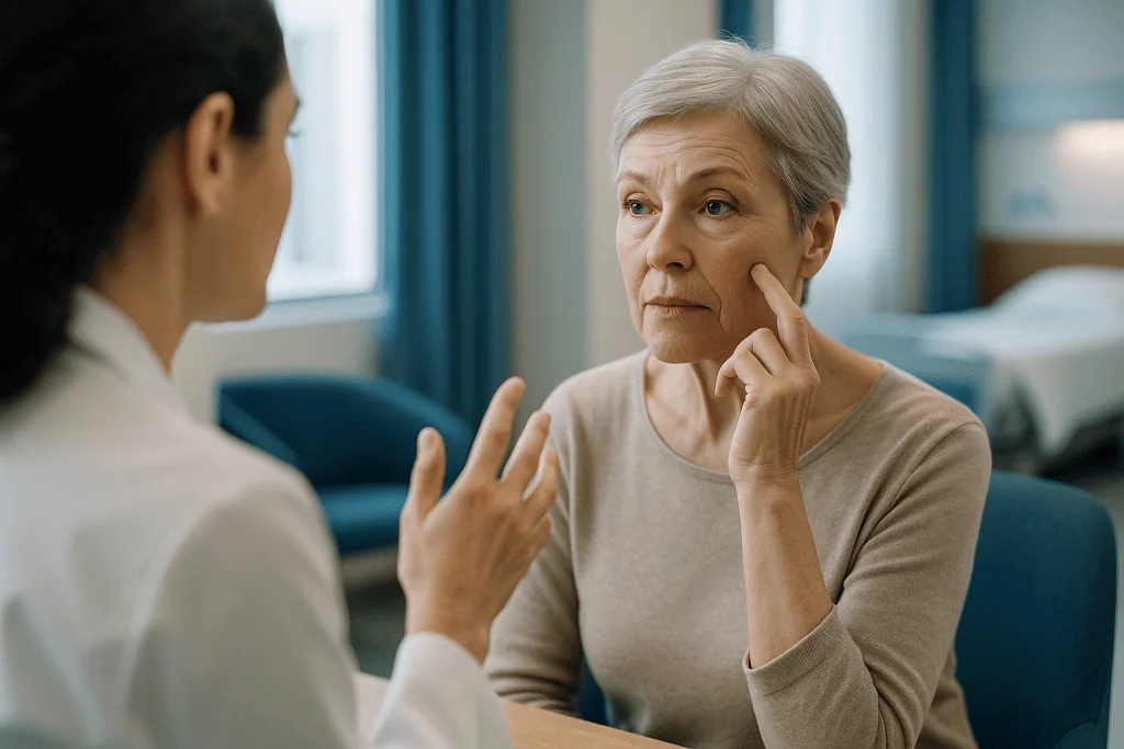 Two women in conversation, one touching her face: How the face ages: skin, fat, muscle and bone