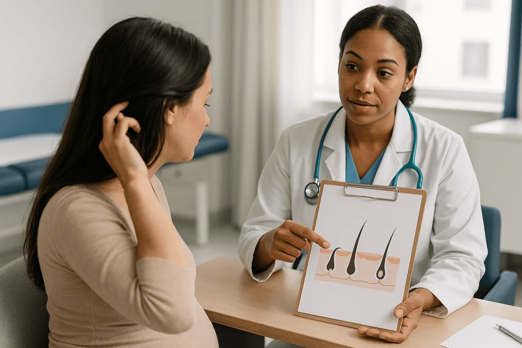 Doctor showing dermatology diagram to pregnant patient — How the hair growth cycle works in plain terms